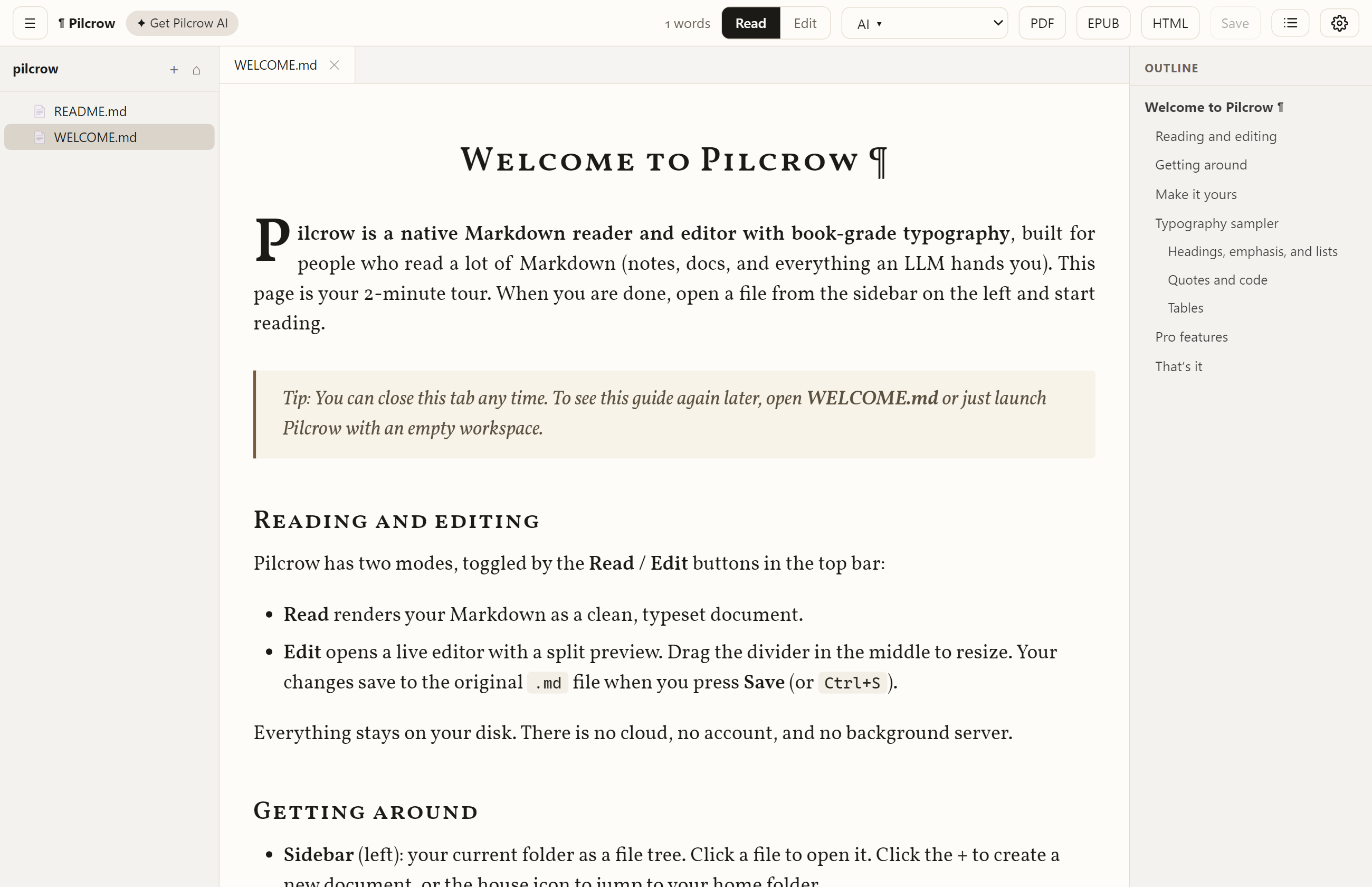 Pilcrow reading a Markdown document in book typography